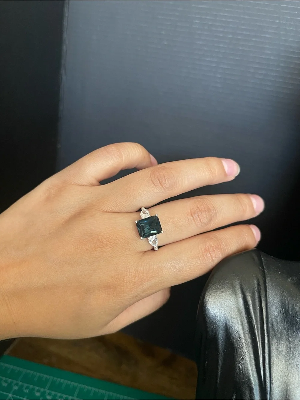Silver tone emerald cut sapphire color gem statement ring size 6 3/4